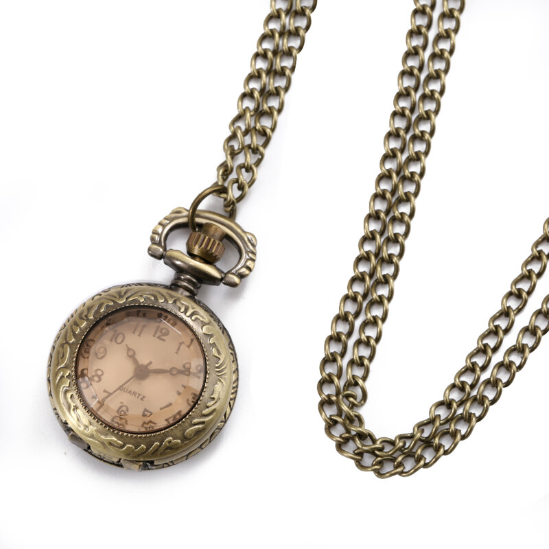 Relógio de bolso de quartzo bronze para mulheres, vidro marrom, tamanho pequeno, colar corrente para meninas, suéter