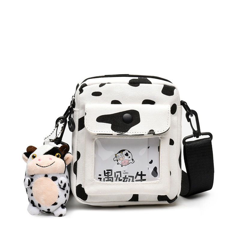 Bolso de hombro de lona Kawaii para mujer, bandolera pequeña de vaca Linda para estudiante, bolso de teléfono de moda coreana, monederos, 2023
