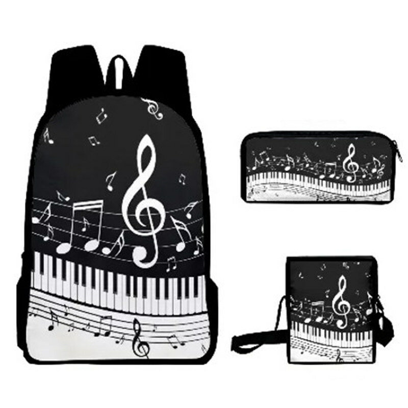 ピアノパターンスクールバックパック学生用、サッチェルメッセンジャーバッグ、ペンバッグ、ギフトセット、3個