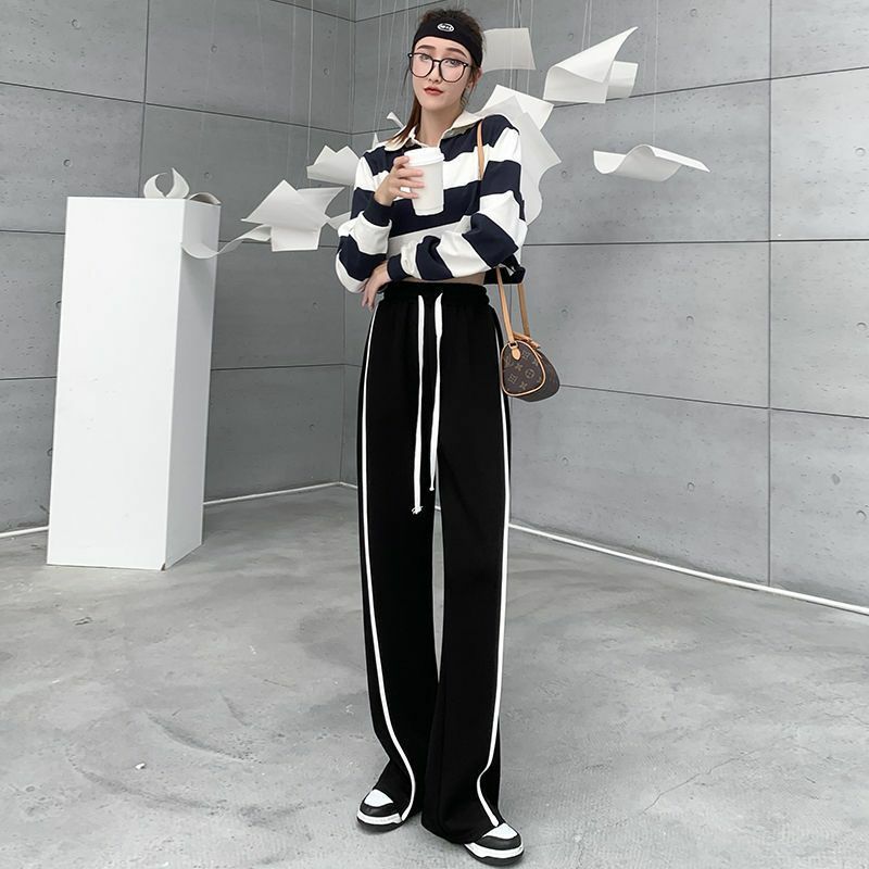 Pantalon blanc à rayures latérales tridimensionnelles pour femme, pantalon noir, pur coton, long, jambe large, décoration de ligne lumineuse, grande taille, loisirs