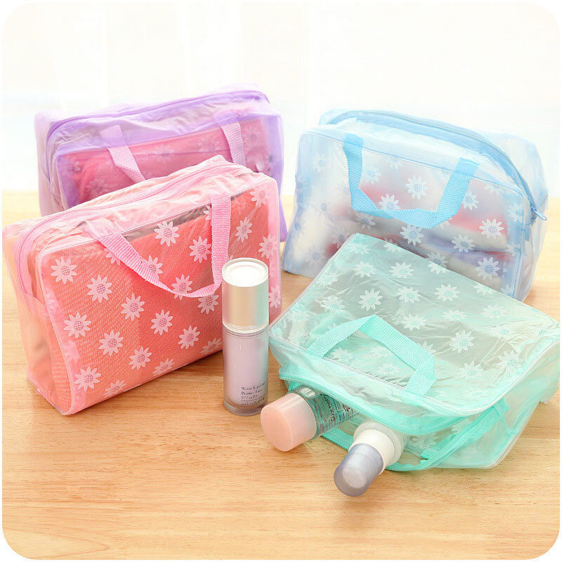 Make Up Bag New Women PVC Zipper Toiletry Bathing Storage Bags Waterproof Transparent Floral Travel Cosmetic Bag