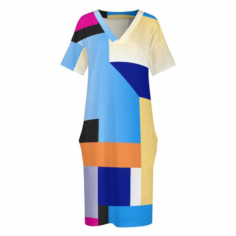 Vibrant Color Block Casual Dress Woman Abstract Geometric Elegant Dresses Summer V Neck Street Wear Pattern Dress Big Size