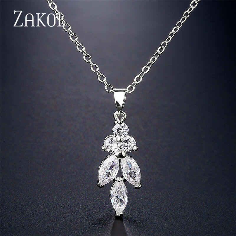 ZAKOL Luxury Temperament Water Droplets Leaf Cubic Zirconia Chain Pendant Necklaces Women Bride Wedding Jewelry NP3100