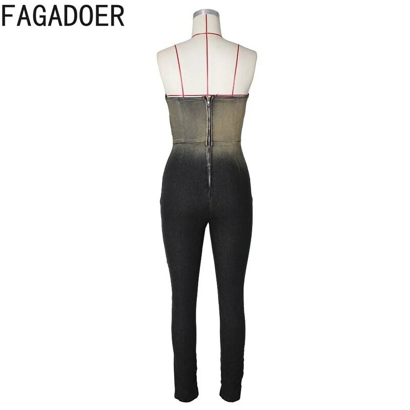 FAGADOER INS Trendy 2024 Tie Dye Gradient High Stretchy Denim Jumpsuits Women Strapless Backless Sexy Bodycon Playsuits Overalls