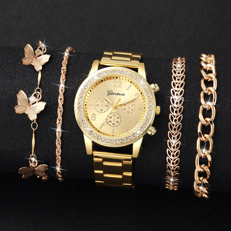 ساعة كوارتز نسائية من الفولاذ المقاوم للصدأ ومجموعة مجوهرات الفراشة ، لون ذهبي ، 4 ock