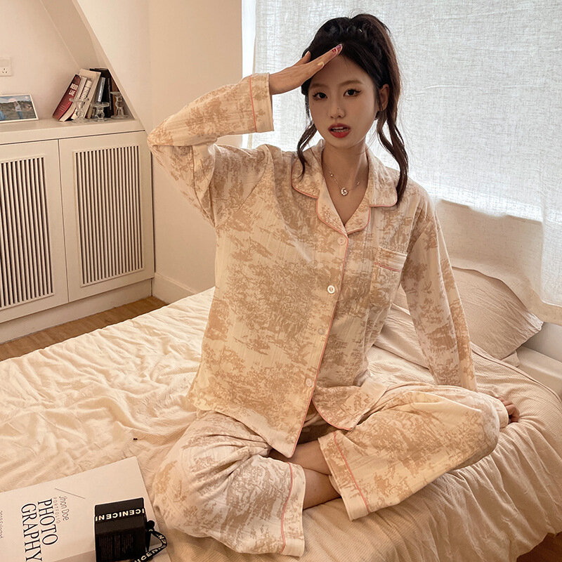 Conjunto de Pijama de algodón de 2 piezas para mujer, ropa de dormir femenina con camisa de manga larga estampada, pantalones, traje para el hogar