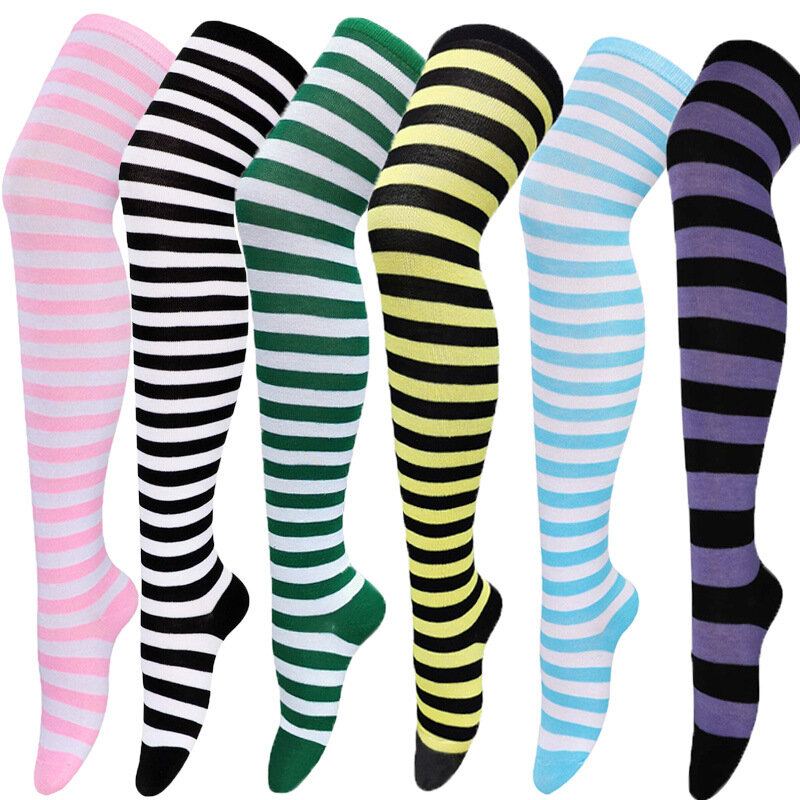 Meias japonesas sobre o joelho para mulheres, meias listradas, meias quentes, meias longas e sexy, meias listradas preto e branco, na moda