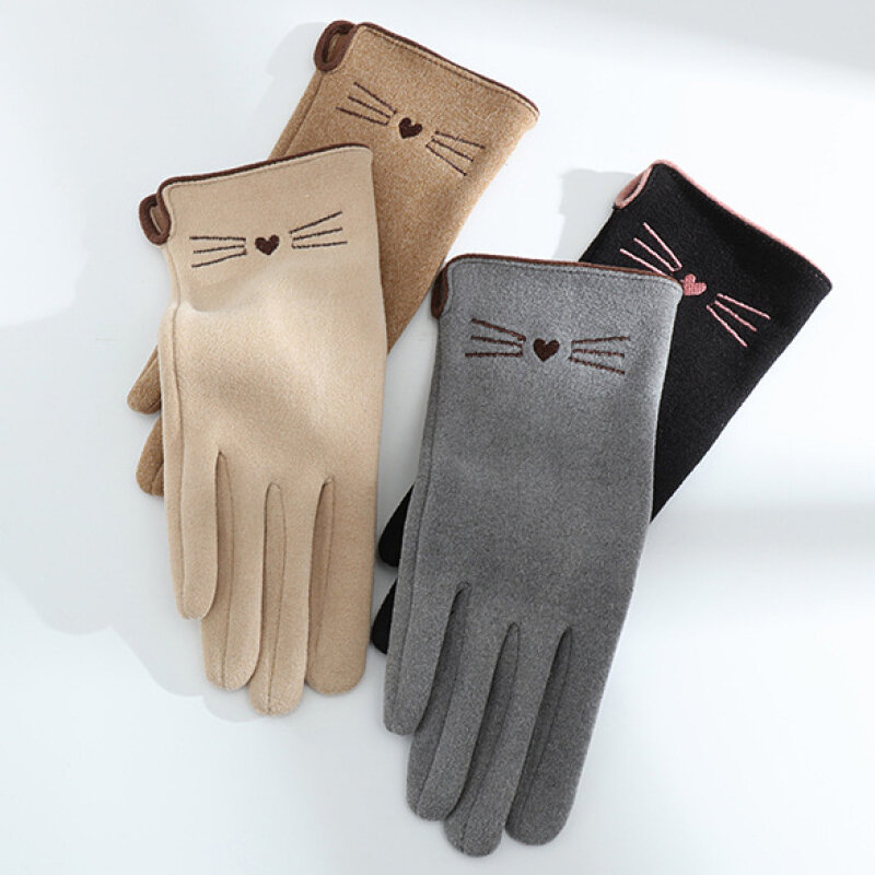 Women Autumn Winter Keep Warm Touch Screen Fleece Cartoon Cat Embroidery Cute Lovely Gloves Elasticity Soft Drive