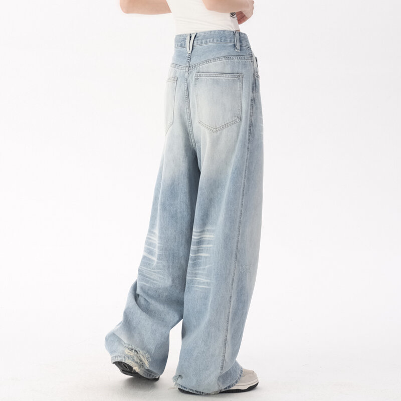 Calça jeans de cintura alta feminina, botão, comprimento total, perna larga, calça solta, vintage, azul claro, moda, verão, novo, Y2K