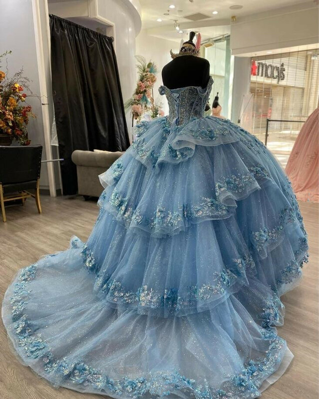 Hellblaue Fee Prinzessin Quince anera Kleider Rüschen funkelnde Zug applikation Knochen vestidos de Quinceañera de Lujo süß 15