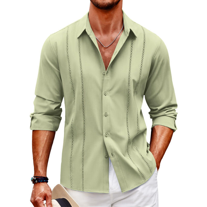 Simpel kemeja lengan panjang pria, baju pantai linen kancing lengan panjang warna solid ukuran besar nyaman