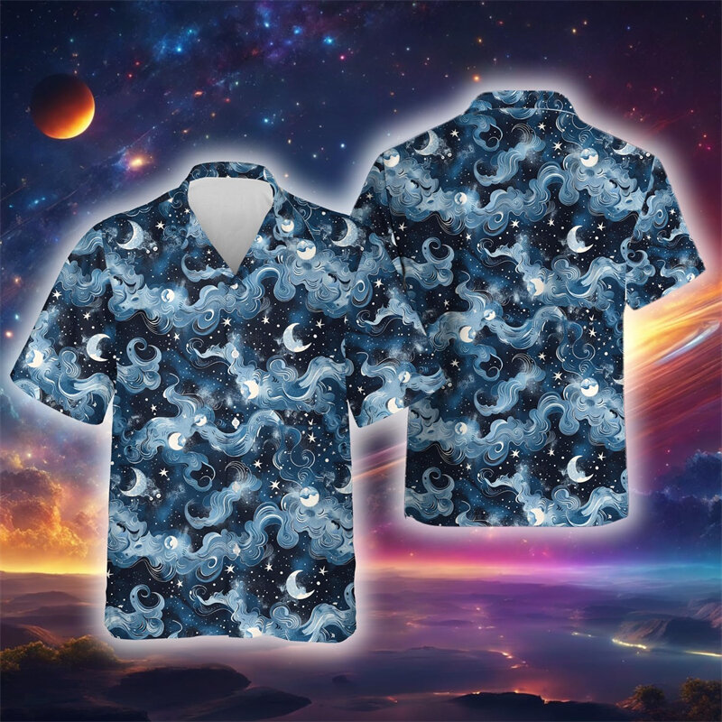 Blusa de manga corta con solapa para mujer, blusa con gráfico Celestial abstracto personalizado, moda Harajuku, planeta espacial, estrellas y luna, Top Y2K