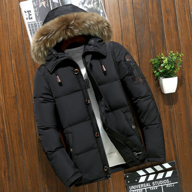 남성용 큰 모피 후드 덕 다운 재킷 코트, 따뜻한 고품질 다운 코트, 남성 캐주얼 겨울 아우터 퍼퍼 재킷