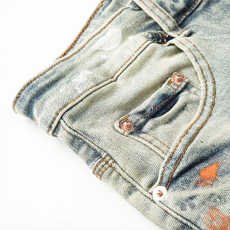 Jeans di marca viola di alta qualità trend hole dirty washed straight American eleganti e slim pants