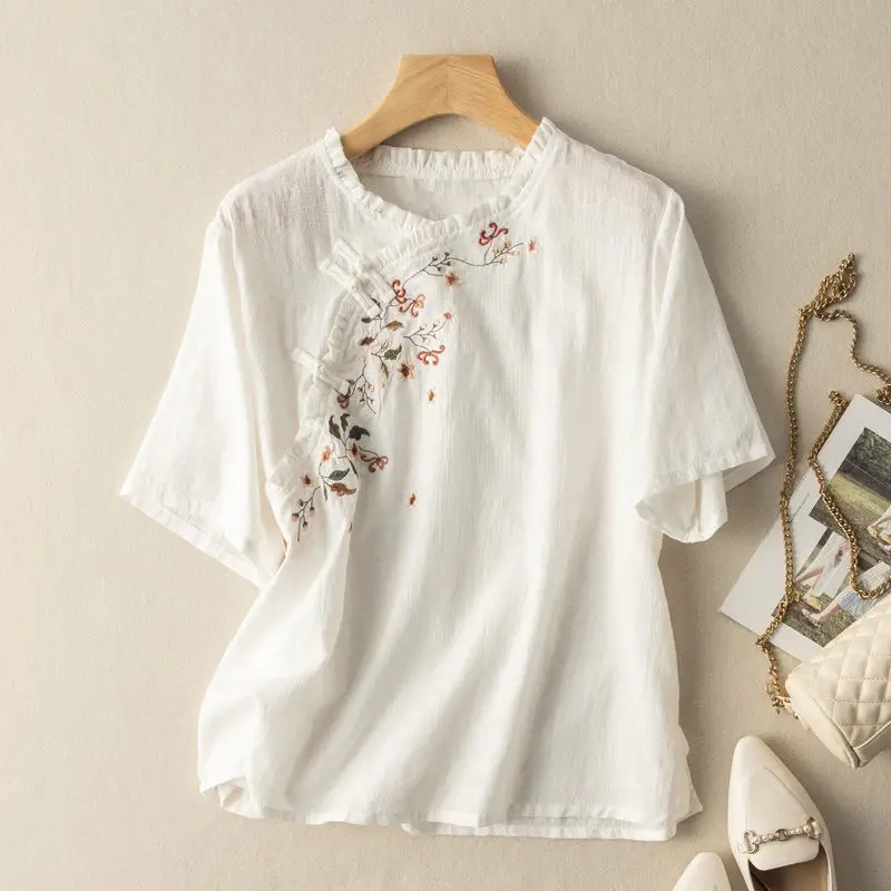Camisa de lino de algodón Jacquard para mujer, blusa de cuello con volantes, bordado informal Retro, elegante, viento étnico, moda de verano, nueva