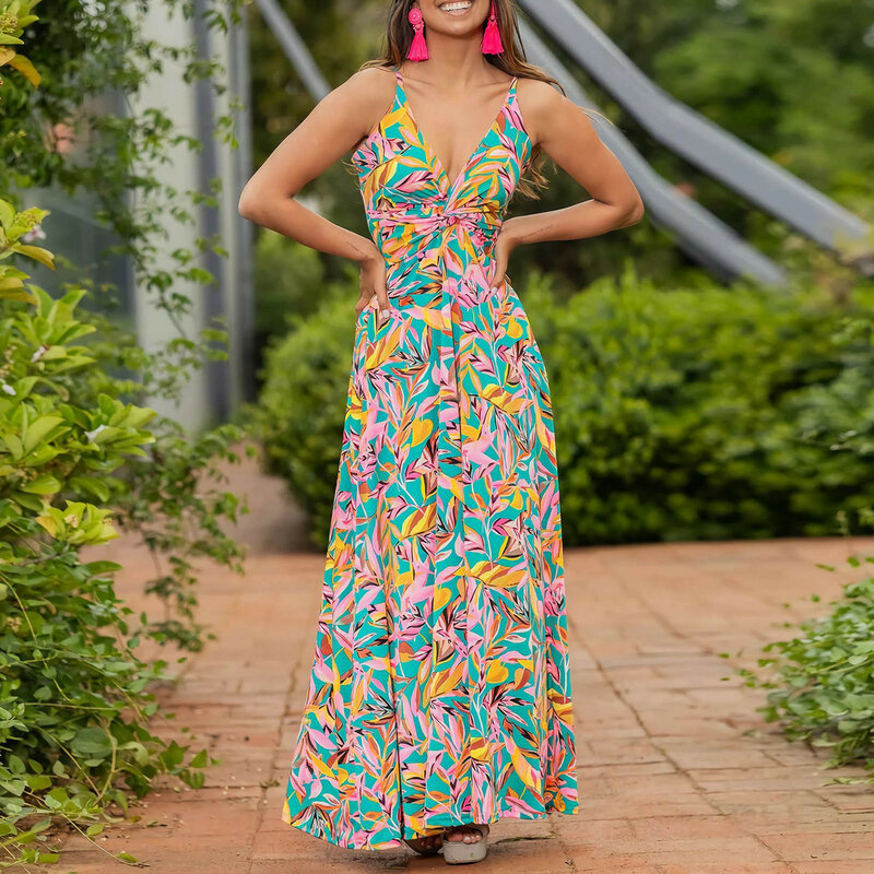 Abito lungo Boho con scollo a v e spalline estate 2024 da donna a vita alta allentato Swing Maxi Dress floreale tropicale Backless Beach Sun Dresses