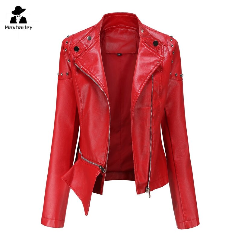 Классическая мотоциклетная кожаная куртка, женское модное облегающее пальто из искусственной кожи с длинным рукавом и V-образным вырезом, осенняя Уличная Повседневная куртка с заклепками, 2024