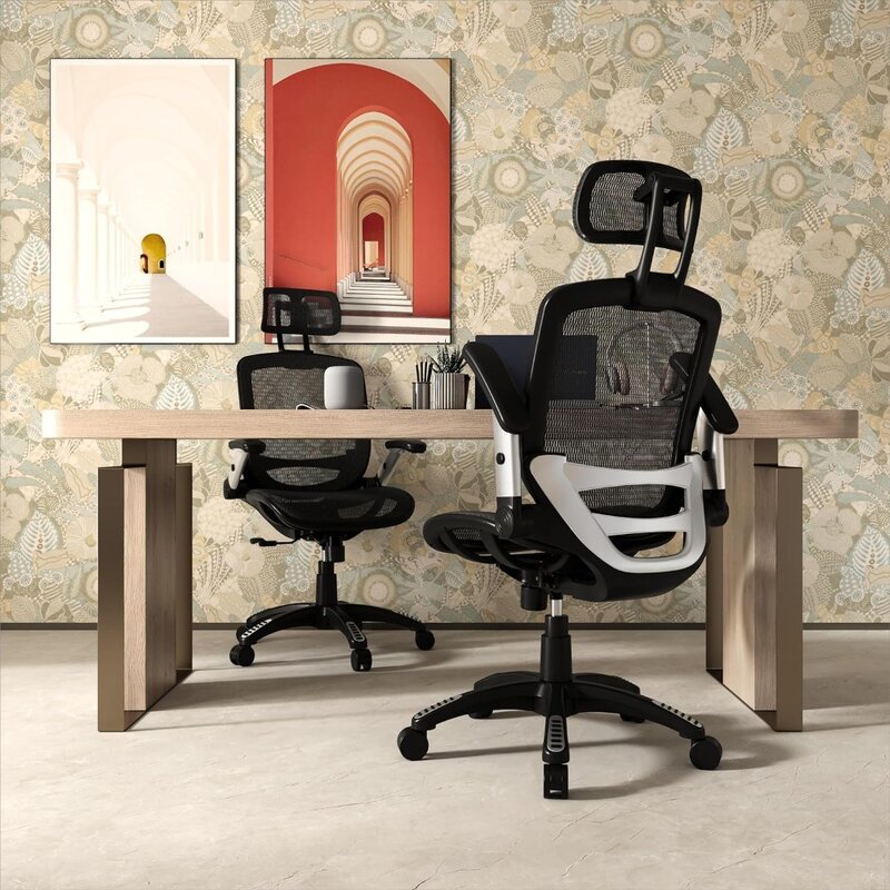 GABRYLLY kursi kantor jaring ergonomis, kursi meja punggung tinggi, sandaran kepala dapat disesuaikan dengan lengan lipat, fungsi kemiringan