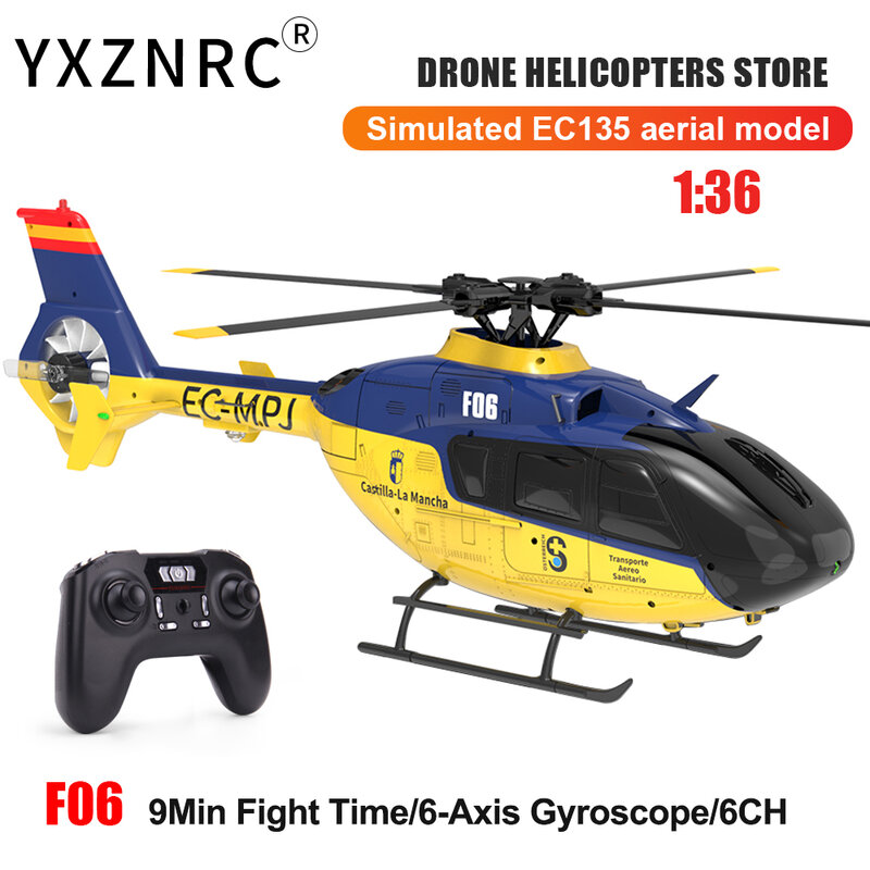 YXZNRC RC elicottero F06 EC135 2.4G 6CH 6 Axis Gyro RTF Direct Drive Dual Brushless Motor 3D Roll Flybarless 1:36 Aircraft