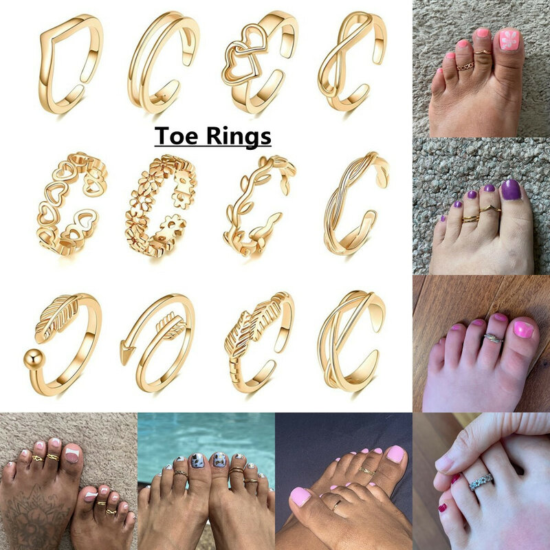 12Pcs Offene spitze Ringe für Frauen Fuß Finger Ring Sommer Strand Sandalen Toering Set Barfuß Schmuck anillos para torten de mujer