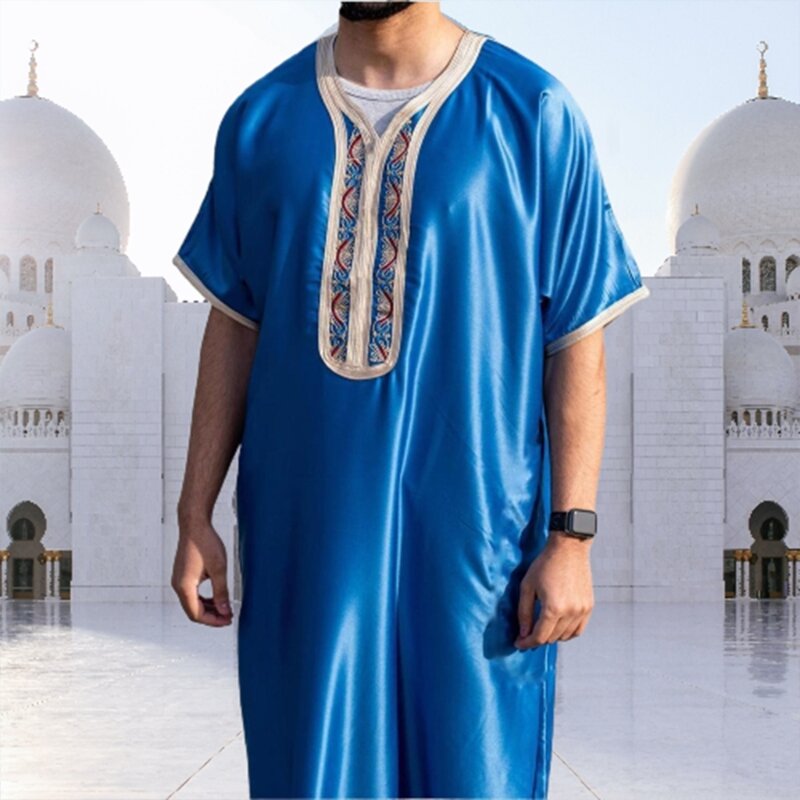 Jubah pria Kaftan Arab lengan pendek jubah kerah Crew Muslim jubah Arab kerah Crew jubah pakaian etnis Muslim