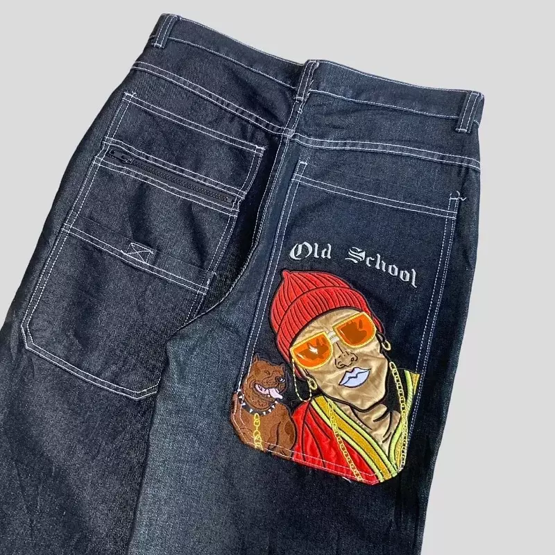 Amerykańskie główna ulica z nadrukiem Hip-hopowym męskie dżinsy luźne spodnie w stylu Retro z prosta szeroka nogawkami