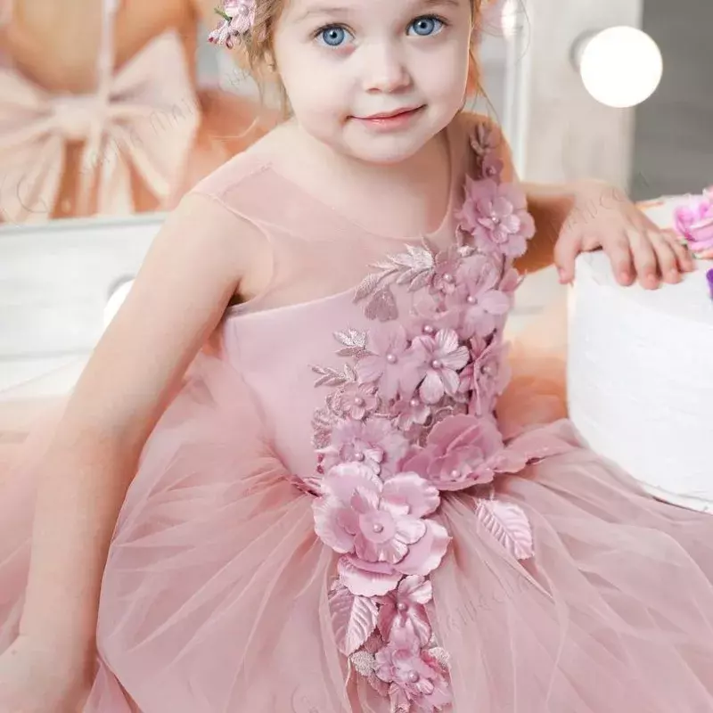 Flower Girl Dress Princess Lace Floral Bow Tulle Fluffy Little Girl Princess Wedding Birthday Party prima comunione Holiday Gown