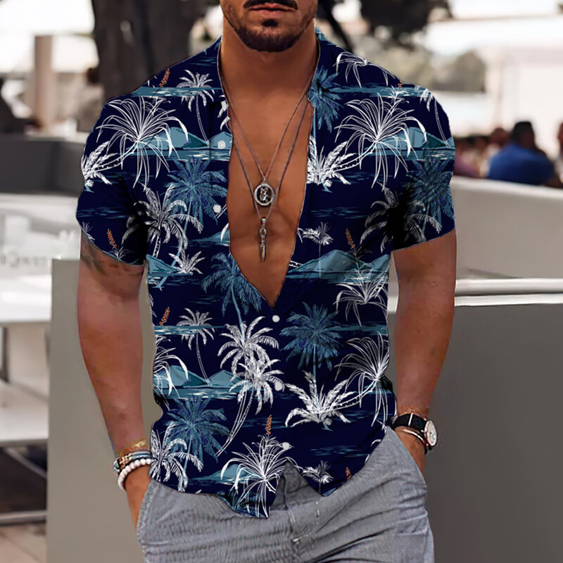 남성용 코코넛 트리 셔츠, 3D 프린트, 하와이안 셔츠, 해변 반팔, 패션 상의, 2024 티셔츠, 블라우스, 카미사, 5xl