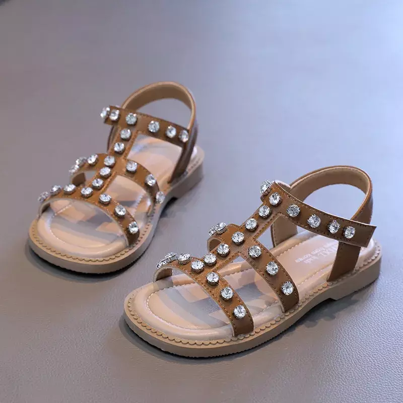 New Children's Sandals Girl Summer New Princess Causal Rhinestone Sandals Fashion Open-toe Kids Cut-outs Beach Flat Sandals Soft