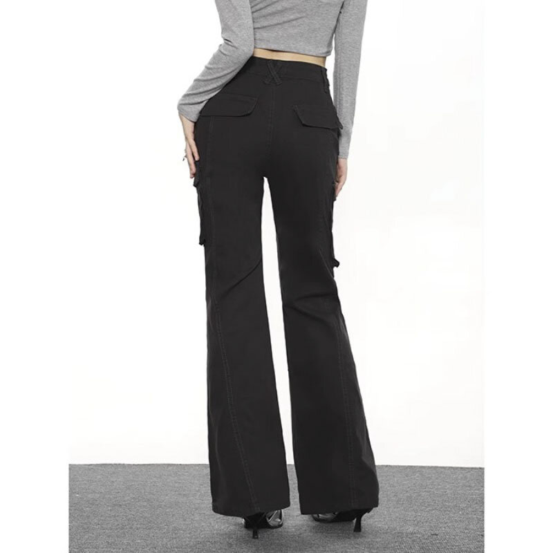 Женские джинсы-карго Y2K, черные пикантные элегантные брюки-клеш с высокой талией, женские джинсовые брюки в эстетике