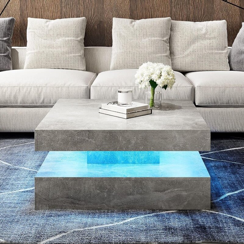 LED Coffee Table, 31inch Wooden Square 2-Tier Tables, Coffee Tables with 16-Color Plug-in LED Light, Coffee Table