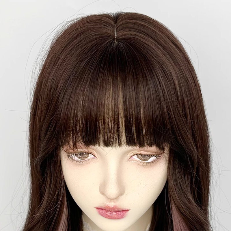 VICWIG Synthetic Long Wavy Ombre Black Pink Layered Blend Wig with Bangs Lolita Cosplay Women Fluffy Hair Wig for Daily Party