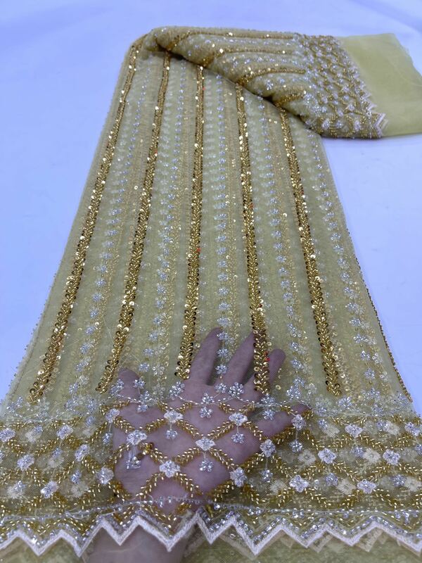 Kain renda jala manik-manik mewah Afrika 2024 kain renda payet Tulle buatan tangan berat Prancis bahan gaun pesta wanita