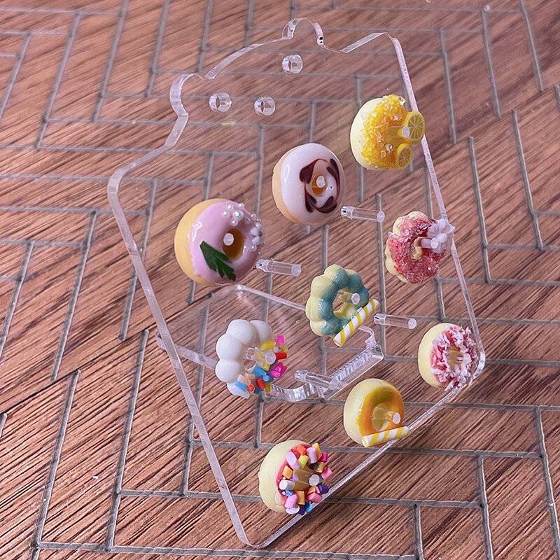 Desenhos animados casa de bonecas em miniatura sobremesa bolo exibição prateleira rack transparente acrílico donut pastelaria carrinho modelo supermercado decoração