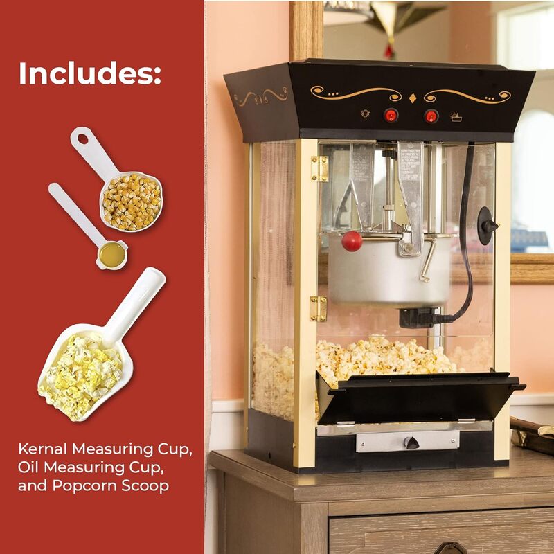 Nostalgia Popcorn Maker Machine, Carrinho profissional com chaleira 8 oz, Até 32 xícaras, Máquina de pipoca vintage