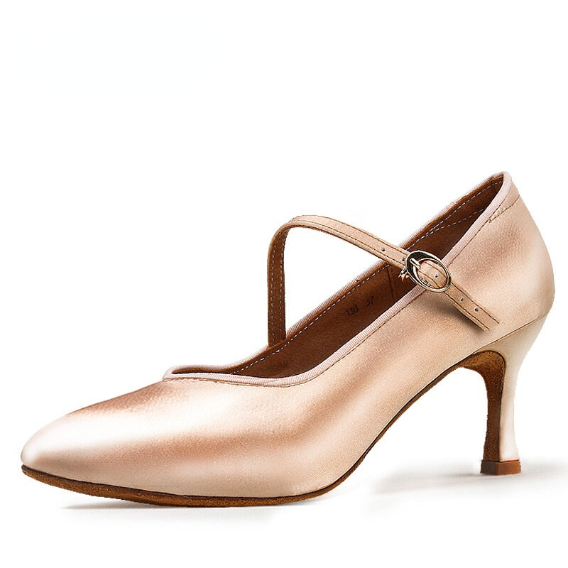 Sapatos de dança de salão padrão para mulheres, cetim tan, salto baixo alto, sola macia, sapatos modernos para senhoras