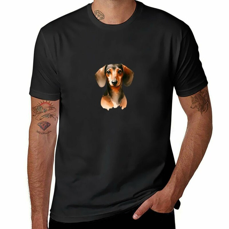 Retrato da aquarela dos homens de um Dachshund T-shirt, roupas bonitos, costumes projetar seus próprios t-shirts, algodão T-shirts