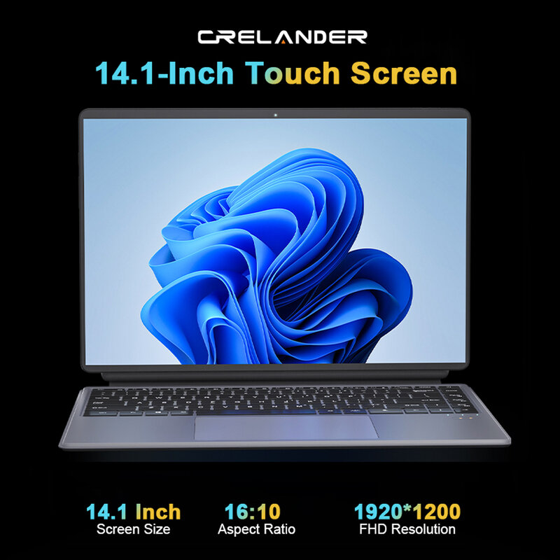 CRELANDER Tablet portabel Laptop, Notebook Intel N100 layar sentuh 14 inci 2K DDR4 16GB RAM Pc