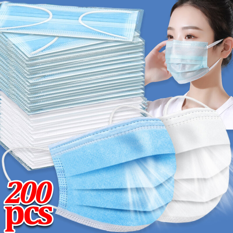 Máscaras protetoras descartáveis para adultos, filtro azul, não tecido, 3 camadas, dobras, proteção de segurança, 50-200pcs