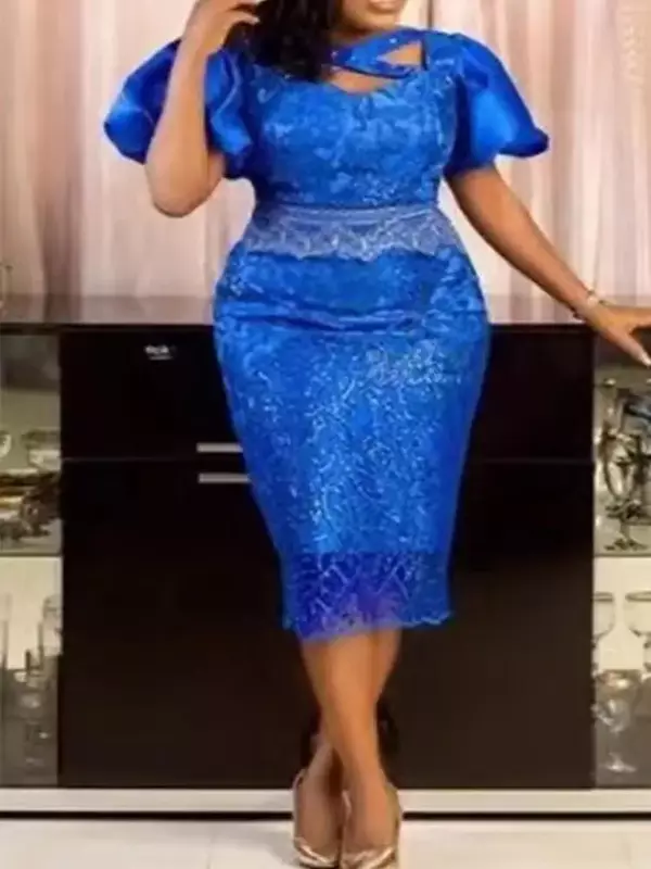 Vestidos Dashiki elegantes para mulheres, manga curta, lantejoulas azuis, vestido OL Bodycon, roupas africanas, roupas de casamento, 2022