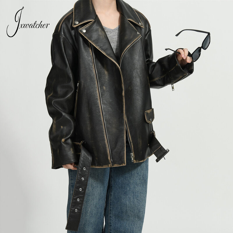 Jxwatcher-Chaqueta de cuero auténtico para mujer, abrigo holgado de alta calidad, novedad de primavera y otoño, 2024