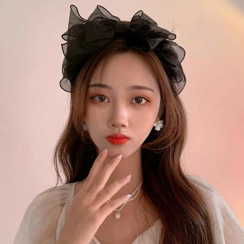 Moda Korea Retro czarny Mesh duża kokarda pałąk akcesoria do włosów kobiety oryginalność potargane krawędzi stylista akcesoria obręcz do włosów