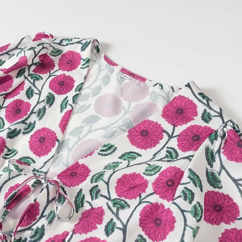 Conjunto de 2 piezas de falda Floral para mujer, Top de manga corta abullonada con cuello de pico de encaje hueco, conjunto de vacaciones de verano, 2024