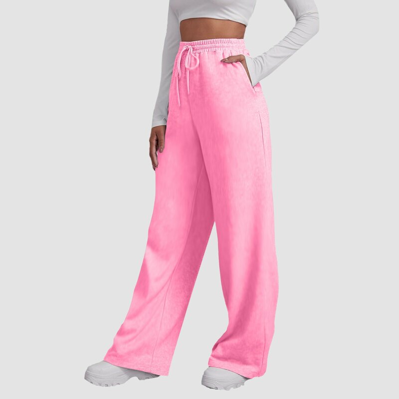 Celana olahraga wanita, celana olahraga kaki lurus lebar bawah celana jogging latihan celana Yoga pinggang tinggi dengan saku