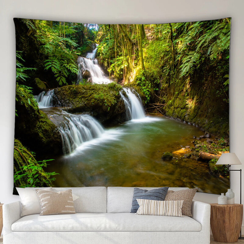 Modern 3D Scenic Tapestry Tropical Forest Waterfall Garden Nature Scenery Wall Tapestry Home Decor Bedroom Living Room Dormitory