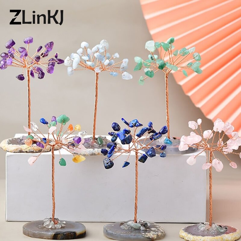 Mini Cristal Feng Shui Money Tree, Fio de cobre Envolvido, W Ágata Slice Base, Pedras Preciosas de cura, Ioga Árvores, Decoração