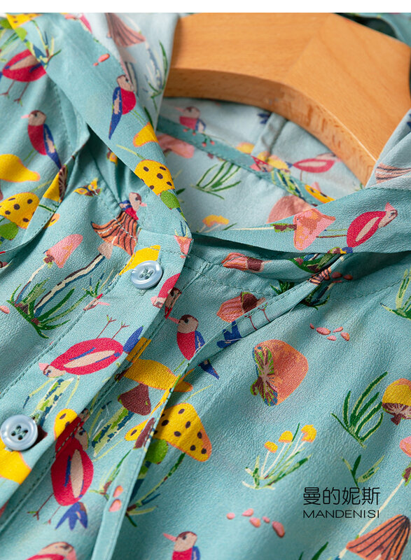 Tcyeek 100% jedwab Top damski stylowe topy z kapturem dla kobiet wiosenne bluzy z długim rękawem luźny krój topy z nadrukiem 2024