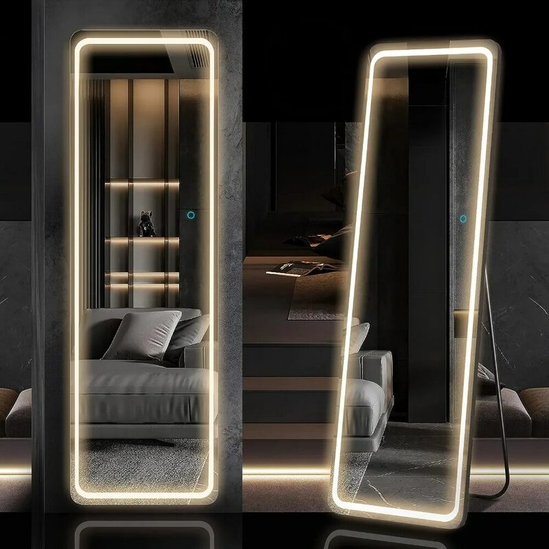 مرآة قائمة لكامل الجسم ، أرضية مستقلة ، مصابيح ليد 3 ألوان ، مرآة إضاءة ، غرفة نوم وغرفة معيشة ، 63 بوصة × 20 بوصة