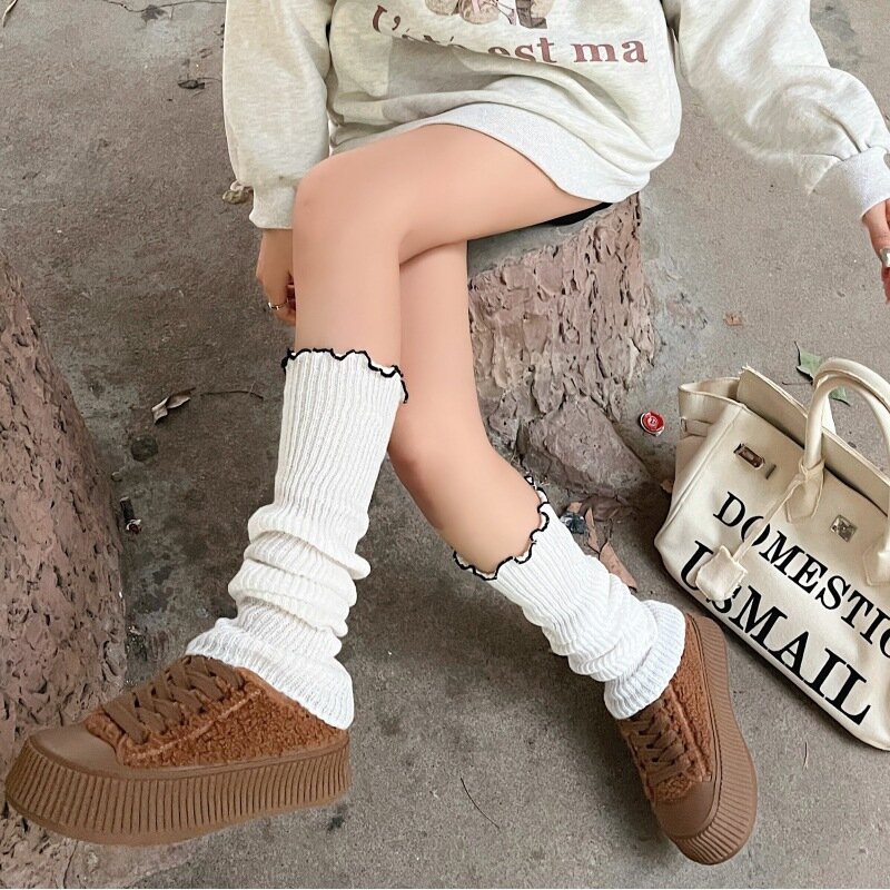 Ruffled edge knit Women Leg warmers Japanese Sweets Solid Pile up cotton Wool socks Y2k Winter stocking Lolita accessories