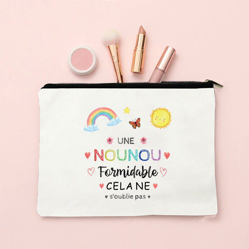 Merci-Nounou Print saco cosmético para mulheres, sacos de maquiagem, bolsa com zíper, organizador de viagem, presente para Nounou